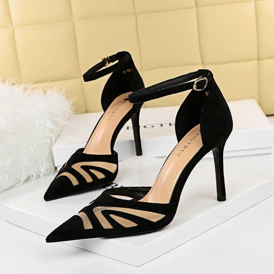Black Pointy Ankle Strap Stiletto Heels 673900597001 - COCOMELODY
